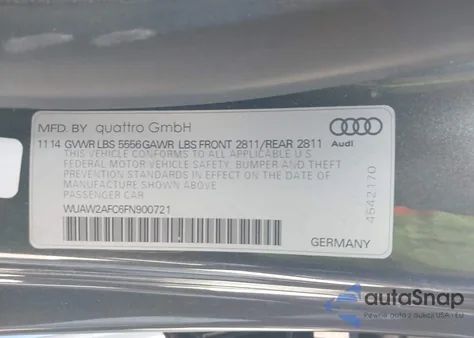 2015 Audi Rs 7 4.0T Prestige из США, поврежденный, VIN WUAW2AFC6FN900721